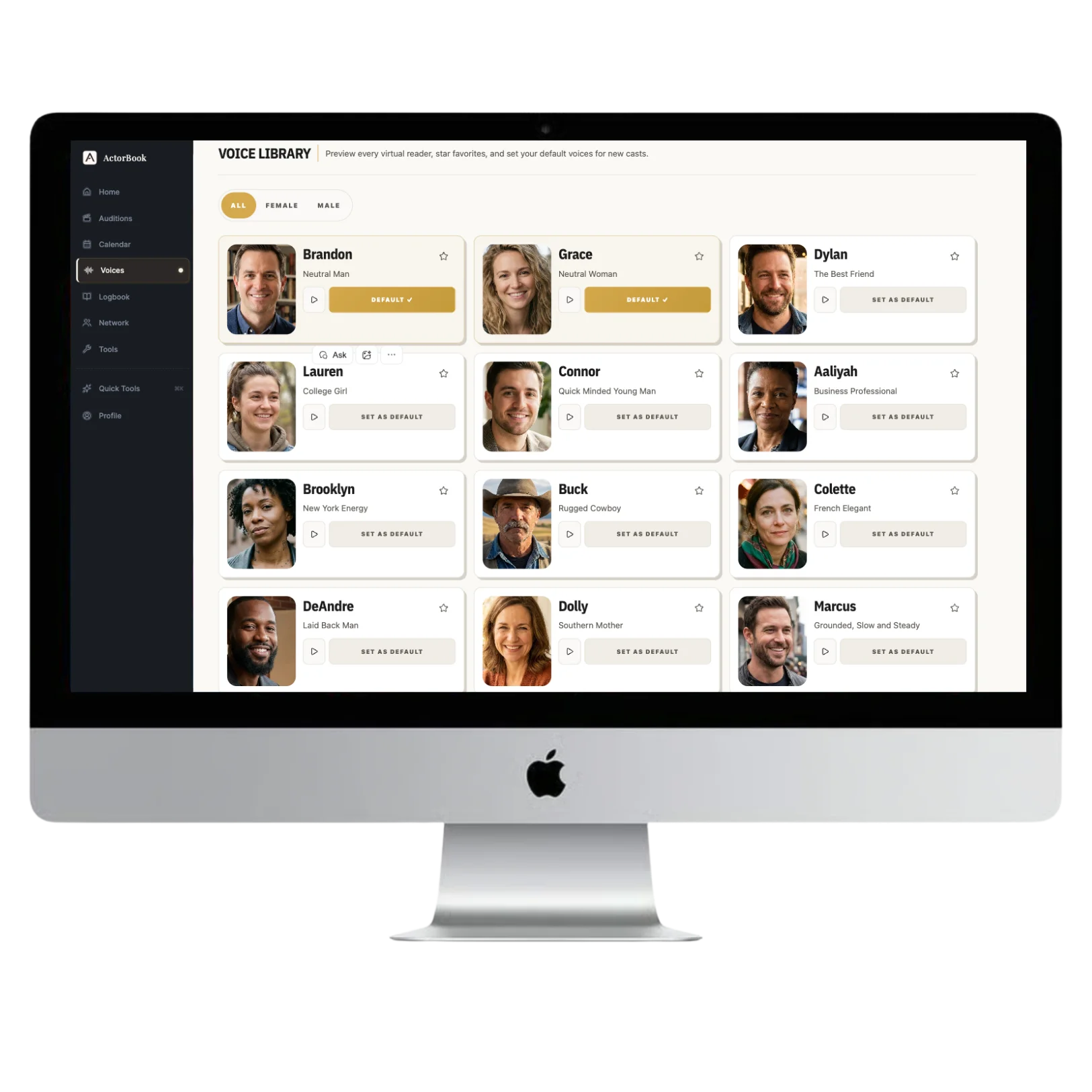 ActorBook studio interface on a laptop