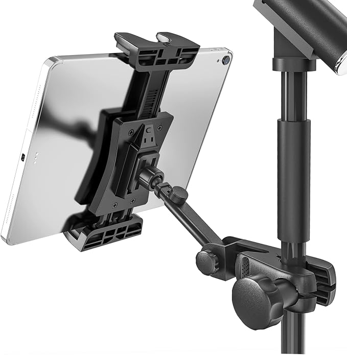 JUBOR tablet holder clamped to a stand with a tablet in landscape orientation